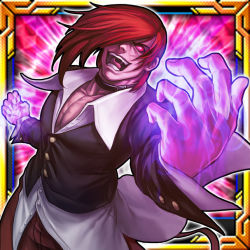 Rule 34 | 1boy, choker, fire, hair over one eye, looking at viewer, male focus, official art, open mouth, orochi iori, pants, pectoral cleavage, pectorals, purple eyes, pyrokinesis, red hair, red pants, richard suwono, short hair, snk, solo, the king of fighters, yagami iori