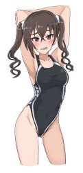 Rule 34 | 1girl, absurdres, arms behind head, black one-piece swimsuit, breasts, brown eyes, brown hair, competition swimsuit, cowboy shot, gluteal fold, hair between eyes, highleg, highleg swimsuit, highres, idolmaster, idolmaster cinderella girls, long hair, looking at viewer, medium breasts, mole, mole under eye, one-piece swimsuit, sharp teeth, simple background, solo, sunazuka akira, swimsuit, teeth, twintails, wasabijoyu76, white background