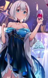 Rule 34 | 1girl, admiral graf spee (a novel anniversary) (azur lane), admiral graf spee (azur lane), alcohol, alternate costume, anniversary, azur lane, bare shoulders, blue dress, blue eyes, blurry, breasts, closed mouth, cowboy shot, cup, depth of field, dress, drinking glass, earrings, hands up, highres, holding, holding cup, jewelry, looking at viewer, medium breasts, multicolored hair, off-shoulder dress, off shoulder, osisio, plant, red hair, short hair, silver hair, solo, standing, streaked hair, wine, wine glass