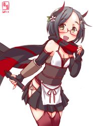 Rule 34 | 1girl, :d, azur lane, bespectacled, black gloves, black hair, black scarf, black skirt, brown eyes, commentary request, cosplay, cowboy shot, dated, elbow gloves, fingerless gloves, flower, forehead, glasses, gloves, hair flower, hair ornament, highres, hip vent, historical name connection, horns, kanon (kurogane knights), kantai collection, kuroshio (azur lane), kuroshio (azur lane) (cosplay), kuroshio (kancolle), leaning forward, logo, looking at viewer, name connection, obi, open mouth, pleated skirt, red-framed eyewear, red thighhighs, revision, sash, scarf, semi-rimless eyewear, short hair, simple background, skirt, smile, solo, thighhighs, torpedo, under-rim eyewear, white background