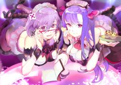 Rule 34 | 119, 2girls, adjusting eyewear, bare shoulders, book, breasts, character request, cleavage, cookie, food, glasses, high heels, highres, large breasts, long hair, looking at viewer, lying, maid headdress, muffin, multiple girls, on stomach, open mouth, purple eyes, purple hair, ribbon, short hair, smile