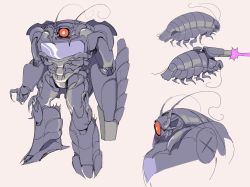 Rule 34 | absurdres, antennae, arm cannon, brown background, cannon, commentary, decepticon, english commentary, firing, highres, isopod, laser, mecha, multiple views, one-eyed, red eyes, redesign, robot, science fiction, shockwave (transformers), sphagnumspores, transformers, weapon