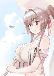 Rule 34 | 1girl, aircraft, airplane, bikini, breasts, brown eyes, brown hair, cleavage, closed mouth, day, flower, hair between eyes, hair flower, hair ornament, highres, holding, holding umbrella, kantai collection, large breasts, long hair, pink flower, porupurucha, sketch, solo, swimsuit, umbrella, upper body, very long hair, white bikini, yamato (kancolle)