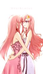 Rule 34 | 2girls, ^ ^, bare arms, bare shoulders, blue eyes, breasts, character name, closed eyes, dress, closed eyes, gundam, gundam seed, gundam seed destiny, hair ornament, highres, lacus clyne, long hair, looking at another, medium breasts, meer campbell, morihaw, multiple girls, nightgown, pink hair, sleeveless, small breasts, smile, star (symbol)