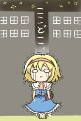 Rule 34 | 1girl, alice margatroid, blonde hair, book, bow, capelet, chibi, crying, dress, hairband, kunitori, open mouth, ribbon, short hair, smile, solo, streaming tears, tears, touhou