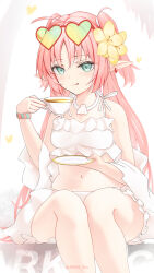 Rule 34 | 1girl, :q, aqua eyes, arknights, bare shoulders, bikini, closed mouth, commentary request, cup, ear piercing, earrings, eyewear on head, feet out of frame, flower, green-tinted eyewear, hair flower, hair ornament, heart, heart-shaped eyewear, highres, holding, holding cup, holding saucer, jewelry, long hair, looking at viewer, myrtle (arknights), myrtle (summer flowers) (arknights), piercing, pink hair, pointy ears, red-framed eyewear, red flower, saucer, sitting, smile, solo, swimsuit, tinted eyewear, tongue, tongue out, two side up, very long hair, white bikini, yellow-tinted eyewear, yokaze (yokajie)