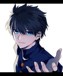 Rule 34 | 1boy, beckoning, black hair, blue eyes, blue shirt, exa (koyuru), from above, hair between eyes, highres, letterboxed, long sleeves, looking back, looking up, male focus, parted lips, school uniform, shirt, simple background, solo, tohno shiki, tsukihime, white shirt