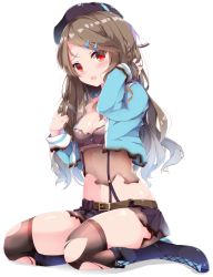 Rule 34 | 1girl, :o, azur lane, belt, black footwear, black hat, black skirt, black thighhighs, blue jacket, boots, breasts, brown hair, burnt clothes, cleavage, crop top, fuuna, hair ornament, hairclip, hat, highres, jacket, kimberly (azur lane), long hair, looking at viewer, microskirt, midriff, navel, open clothes, open jacket, open mouth, red eyes, seiza, shirt, simple background, sitting, skirt, small breasts, solo, stomach, suspenders, thighhighs, thighs, torn clothes, torn shirt, torn thighhighs, white background, zettai ryouiki