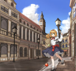Rule 34 | 1girl, adapted costume, alice margatroid, amonitto, apple, bag, baguette, blonde hair, blue sky, bread, capelet, clock, clock tower, cloud, day, food, fruit, green eyes, hairband, lamp, lamppost, lolita hairband, long sleeves, mary janes, open mouth, pillar, sash, shirt, shoes, shopping bag, skirt, sky, solo, stairs, touhou, tower, town