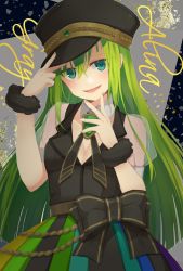 Rule 34 | 1girl, aisawa natsu, alina gray, aqua eyes, black bow, black hat, black necktie, black vest, blunt ends, bow, brooch, chain, collar, cross tie, detached collar, fur cuffs, gem, green gemstone, green hair, hair between eyes, hat, highres, jewelry, lapels, long hair, magia record: mahou shoujo madoka magica gaiden, magical girl, mahou shoujo madoka magica, miniskirt, multicolored clothes, multicolored hair, multicolored skirt, necktie, notched lapels, peaked cap, pleated skirt, puffy short sleeves, puffy sleeves, see-through, see-through sleeves, short sleeves, sidelocks, skirt, sleeve cuffs, solo, straight hair, streaked hair, striped clothes, striped skirt, v-neck, vertical-striped clothes, vertical-striped skirt, very long hair, vest, waist bow, white collar, white sleeves