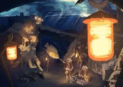 Rule 34 | bag, can, catfish, diving helmet, feeding, fish, helmet, highres, hitogome, hitomai, house, ladder, lamp, lantern, light particles, light rays, md5 mismatch, original, plant, resolution mismatch, shoulder bag, source smaller, stairs, underwater, wristband