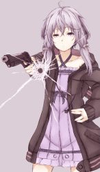 Rule 34 | 1girl, ahoge, aiming, aiming at viewer, broken glass, bullet hole, collarbone, crack, cracked glass, dress, fourth wall, glass, gun, hair ribbon, hand on own hip, handgun, highres, holding, holding weapon, hood, hoodie, itituki, long hair, looking at viewer, open mouth, pistol, purple eyes, purple hair, ribbon, short hair with long locks, solo, twintails, upper body, vocaloid, voiceroid, weapon, white background, yuzuki yukari