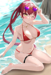 Rule 34 | 1girl, absurdres, arm up, barefoot, beach, blush, breasts, cleavage, earrings, eyewear on head, feet, heart, heart-shaped eyewear, heart-shaped pupils, heart earrings, heart necklace, highres, hololive, houshou marine, houshou marine (summer), jewelry, long hair, necklace, nekokusa5, o-ring, o-ring thigh strap, one eye closed, puckered lips, red hair, sand, sunglasses, swimsuit, symbol-shaped pupils, thigh strap, virtual youtuber, water, yellow eyes