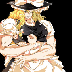 Rule 34 | 1girl, alphes (style), auer, black hat, blonde hair, blouse, cho marisa, female focus, hair between eyes, hat, kirisame marisa, muscular, muscular female, parody, ribbon, shirt, solo, style parody, touhou, white shirt, witch