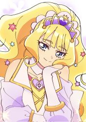 Rule 34 | 1girl, blonde hair, blue eyes, bridal gauntlets, brooch, choker, cure finale, delicious party precure, hair ornament, hand on own cheek, hand on own face, heart, heart brooch, highres, itou noel, jewelry, kasai amane, long hair, magical girl, precure, smile, solo, star (symbol), star hair ornament, tiara, white choker, wide ponytail