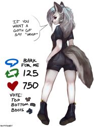Rule 34 | 1girl, animal ear fluff, animal ears, animal nose, arms at sides, arrow (symbol), artist name, ass, black footwear, black shirt, black shorts, body fur, boots, breasts, colored sclera, english text, female focus, from behind, full body, furry, furry female, grey fur, grey hair, grin, half-closed eyes, happy, heart, helluva boss, highres, kneepits, legs, long hair, looking at viewer, looking back, loona (helluva boss), pocket, ratatooey, red sclera, shirt, short shorts, short sleeves, shorts, sideways mouth, signature, simple background, small breasts, smile, snout, solo, speech bubble, standing, tail, talking, teeth, twitter strip game (meme), two-tone fur, white background, white eyes, white fur, wolf ears, wolf girl, wolf tail