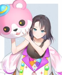 Rule 34 | 1girl, bad id, bad pixiv id, bang dream!, bare arms, bare shoulders, black hair, black tank top, blue background, blue bow, blue bowtie, blue eyes, bow, bowtie, closed mouth, collarbone, commentary request, dora (muyad25), grey background, hair ornament, hairclip, hello happy world!, looking at viewer, medium hair, okusawa misaki, orange bow, orange bowtie, outline, parted bangs, pink bow, pink bowtie, purple bow, purple bowtie, simple background, smile, solo, sweat, tagme, tank top, upper body, white outline