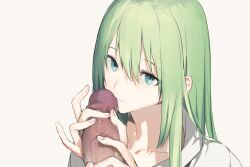 Rule 34 | 1other, androgynous, closed mouth, clothed sex, enkidu (fate), erection, eyes visible through hair, fate/grand order, fate (series), green eyes, green hair, hair between eyes, handjob, kaimuari, kissing penis, light smile, long hair, looking at viewer, other focus, penis, portrait, pov, robe, simple background, solo, straight hair, two-handed handjob, veins, veiny penis, white background, white robe