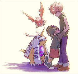 Rule 34 | 2boys, ^ ^, blonde hair, blue eyes, blue pants, brothers, brown shorts, closed eyes, closed mouth, digimon, digimon (creature), digimon adventure, full body, gabumon, gloves, green shirt, hand on another&#039;s head, hat, highres, horns, hug, ishida yamato, kwsby 124, long sleeves, male focus, multiple boys, open mouth, pants, patamon, sharp teeth, shirt, shoes, shorts, siblings, simple background, single horn, sleeveless, sleeveless shirt, socks, spiked hair, standing, takaishi takeru, teeth