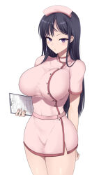 Rule 34 | 1girl, arm behind back, belt, black hair, blush, breasts, clipboard, covered navel, dress, hat, highres, holding, holding clipboard, impossible clothes, kasai shin, large breasts, long hair, looking at viewer, mole, mole under eye, nurse, nurse cap, original, paper, pink dress, purple eyes, short dress, side slit, simple background, solo, standing, white background