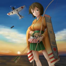 Rule 34 | 10s, 1girl, aichi d3a, archery, arrow (projectile), blue sky, blush, bomb, bow (weapon), brown eyes, brown hair, cloud, explosive, flight deck, gloves, highres, hiryuu (kancolle), japanese clothes, kantai collection, kyuudou, lips, ocean, partially fingerless gloves, partly fingerless gloves, personification, quiver, ribbon, shiro-peco, short hair, side ponytail, skirt, sky, smile, sun, weapon, wide sleeves, yugake