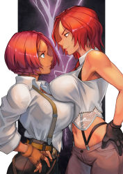 Rule 34 | 2girls, asymmetrical docking, bell-bottoms, belt, breast press, breasts, brown gloves, commission, dark-skinned female, dark skin, docking, giovanna (guilty gear), gloves, gold belt, guilty gear, hand on own hip, high-waist pants, hinoru saikusa, large breasts, multiple belts, multiple girls, necktie, pants, partially unbuttoned, pixiv commission, plunging neckline, police badge, red hair, sleeveless, sleeves pushed up, suspenders, suspenders hanging, the king of fighters, trait connection, vanessa (kof)