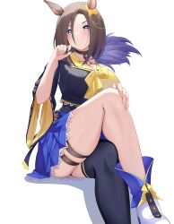 Rule 34 | 1girl, air groove (umamusume), animal ears, black shirt, blue eyes, blue skirt, breasts, brown choker, choker, cleavage, commentary request, crossed legs, ear ornament, grin, highres, horse ears, horse girl, kanno esuto, large breasts, pleated skirt, shirt, simple background, single thighhigh, skirt, smile, solo, thigh strap, thighhighs, two-tone shirt, umamusume, white background, white footwear, yellow shirt