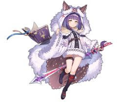 Rule 34 | 1girl, animal ears, ark order, black cape, black footwear, book, bookmark, boots, cape, coat, ears through headwear, full body, fur-trimmed coat, fur-trimmed hood, fur trim, holding, holding sword, holding weapon, hood, hooded coat, lan ren hui, looking at viewer, official art, oscar (ark order), pom pom (clothes), purple hair, short hair, solo, sword, tachi-e, thigh strap, transparent background, weapon, white coat, wolf ears, yellow eyes