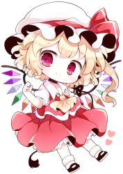 Rule 34 | 1girl, ascot, bad id, bad pixiv id, blonde hair, blush, chibi, crystal, flandre scarlet, full body, hat, hat ribbon, heart, highres, kyou (nekoneko), laevatein, looking at viewer, mary janes, mob cap, puffy sleeves, red eyes, ribbon, shirt, shoes, short sleeves, side ponytail, simple background, skirt, skirt set, smile, socks, solo, touhou, white background, white socks, wings