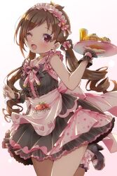 Rule 34 | 1girl, ;d, antenna hair, apron, bare arms, black shirt, black skirt, blush, breasts, brown hair, center frills, curly hair, dress, earrings, frilled hairband, frilled wristband, frills, hair ribbon, hairband, heart, heart earrings, highres, holding, holding tray, idolmaster, idolmaster cinderella girls, jewelry, long hair, looking at viewer, michii yuuki, one eye closed, open mouth, pink apron, red eyes, ribbon, ringorou (idolmaster), shirt, simple background, skirt, sleeveless, sleeveless shirt, small breasts, smile, solo, standing, standing on one leg, striped clothes, striped shirt, tray, tsujino akari, twintails, vertical-striped clothes, vertical-striped shirt, very long hair, white background