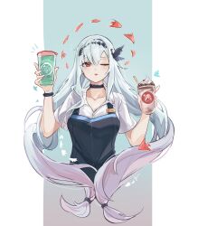 Rule 34 | 1girl, absurdres, apron, arknights, black apron, black choker, bracelet, choker, closed mouth, collarbone, cropped torso, cup, disposable cup, frappuccino, highres, holding, holding cup, jewelry, long hair, long sleeves, looking at viewer, one eye closed, red eyes, shengyuan 03, shirt, sidelocks, simple background, skadi (arknights), solo, tongue, tongue out, variant set, white hair, white shirt