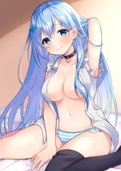Rule 34 | 1girl, arm behind head, arm up, armpits, bare arms, between legs, black choker, black thighhighs, blue eyes, blue hair, blush, breasts, choker, cleavage, closed mouth, collarbone, collared shirt, emori miku, hair ornament, hairclip, haruyuki 14, heart, highres, large breasts, liver city, long hair, looking at viewer, navel, no bra, no pants, open clothes, open shirt, panties, shirt, sitting, sleeveless, sleeveless shirt, smile, solo, stomach, striped clothes, striped panties, thighhighs, thighs, underwear, very long hair, wariza, white shirt