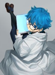 Rule 34 | 10s, 1boy, black pantyhose, blue eyes, blue hair, bow, bowtie, fate/extra, fate/extra ccc, fate/grand order, fate (series), from behind, full body, glasses, hans christian andersen (fate), highres, lab coat, looking at viewer, looking back, male focus, nagiko (mangalove1111), pantyhose, simple background, solo, tablet pc