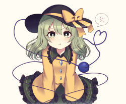 Rule 34 | 1girl, :t, anger vein, annoyed, black hat, blush, collared shirt, commentary request, frilled shirt collar, frilled skirt, frills, green eyes, green hair, green skirt, hat, highres, komeiji koishi, leaning forward, long sleeves, looking at viewer, medium hair, pout, shirt, simple background, skirt, solo, spoken anger vein, subaru (subachoco), sun hat, touhou, white background, wide sleeves, yellow shirt