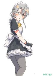 Rule 34 | 1girl, absurdres, alternate costume, apron, asymmetrical hair, black dress, black gloves, dress, enmaided, feet out of frame, flipped hair, frilled apron, frills, gloves, grey eyes, grey hair, grey pantyhose, highres, kantai collection, long hair, maid, maid headdress, nowaki (kancolle), one-hour drawing challenge, pantyhose, ribbon, robinson (day l full), simple background, solo, swept bangs, twitter username, white apron, white background, yellow ribbon