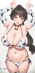 Rule 34 | 1girl, animal ears, animal print, armpits, arms up, bare shoulders, bell, bikini, black choker, black hair, blush, breasts, choker, cleavage, cow ears, cow horns, cow print, cowbell, cowboy shot, detached sleeves, dolphin wave, gradient background, grey background, highres, horns, large breasts, long hair, long sleeves, mole, mole on breast, mole under mouth, navel, neck bell, nekoshoko, o-ring, o-ring bikini, open mouth, side-tie bikini bottom, sideboob, simple background, smile, solo, stomach, swimsuit, thighhighs, thighs, underboob, yamaba yume, yellow eyes
