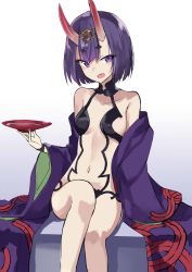 Rule 34 | 100, 100percent park, 1girl, alcohol, breasts, choker, cup, fate/grand order, fate (series), highres, holding, horns, long sleeves, looking at viewer, navel, open mouth, purple eyes, purple hair, sakazuki, sake, short hair, shuten douji (fate), sideboob, simple background, sitting, sketch, small breasts, solo, underboob, white background