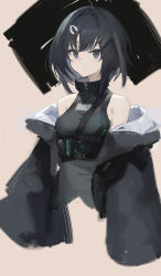 Rule 34 | 1girl, absurdres, ahoge, arknights, bad id, bad pixiv id, bare shoulders, beige background, black hair, black jacket, commentary request, cropped torso, grey eyes, grey shirt, highres, jacket, la pluma (arknights), long sleeves, looking at viewer, nai (daiduolaoge), off shoulder, open clothes, open jacket, shirt, short hair, simple background, sleeveless, sleeveless shirt, solo, upper body