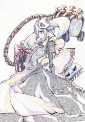 Rule 34 | 1girl, apron, bloody marie (skullgirls), bow, cage, colored pencil (medium), dress, from side, grey hair, hair ornament, highres, looking at viewer, looking to the side, parted lips, red eyes, ribs, skeleton, skull hair ornament, skull heart, skullgirls, solo, traditional media, twintails, vacuum cleaner