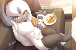 Rule 34 | 1girl, absol, absurdres, animal feet, animal hands, animal nose, artist name, black thighhighs, body fur, bright pupils, cheek bulge, chewing, claws, closed mouth, colored skin, couch, crack, cream, creatures (company), crumbs, cushion, dated, day, eating, female focus, food, food bite, food on face, fork, from above, furry, furry female, game freak, gen 3 pokemon, glasses, grey horns, grey skin, hands up, highres, holding, holding food, honey, horns, indoors, lens flare, licking lips, long hair, looking at viewer, looking up, napkin, neck fur, nintendo, on couch, pawpads, plate, pokemon, pokemon (creature), red-framed eyewear, red eyes, semi-rimless eyewear, sidelocks, signature, single horn, sitting, solo, stirrup legwear, tail, thick thighs, thighhighs, thighs, toeless legwear, tongue, tongue out, waffle, white fur, white hair, white pupils, zinfyu