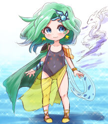 Rule 34 | 1girl, blue eyes, blue leotard, bracelet, cape, child, earrings, final fantasy, final fantasy iv, full body, gluteal fold, green cape, green hair, hair ornament, harimao (hanzou uji), highres, jewelry, leotard, long hair, looking at viewer, rydia (ff4), sarong, see-through, shoes, smile, solo, star (symbol), star earrings, thighs, yellow footwear, yellow sarong