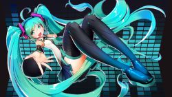 Rule 34 | 1girl, absurdly long hair, ahoge, aqua eyes, aqua hair, boots, btraphen, detached sleeves, foreshortening, hair censor, hatsune miku, headset, long hair, necktie, open mouth, outstretched arm, skirt, solo, thigh boots, thighhighs, twintails, very long hair, vocaloid