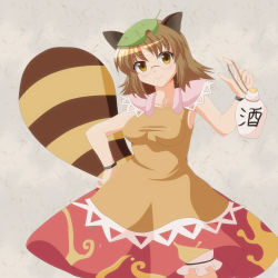 Rule 34 | 1girl, animal ears, bottle, brown hair, dress, futatsuiwa mamizou, glasses, gourd, leaf, leaf on head, object on head, raccoon ears, raccoon tail, short hair, shuruken (yuumo), sleeveless, tail, touhou