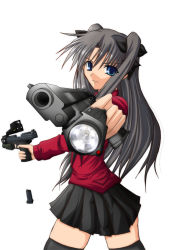 Rule 34 | 00s, 1girl, beretta 92, black hair, black thighhighs, blue eyes, desert eagle, dual wielding, fate/stay night, fate (series), gun, handgun, hands on own hips, holding, locked slide, long hair, magazine (weapon), magazine ejection, pistol, semi-automatic firearm, skirt, solo, su-35 (artist), thighhighs, tohsaka rin, turtleneck, twintails, two side up, walther, weapon, zettai ryouiki