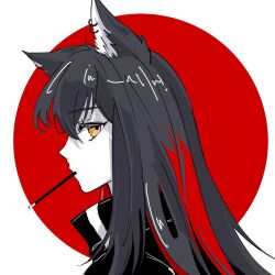 Rule 34 | 1girl, animal ears, arknights, black jacket, chomo o12, collared jacket, food, food in mouth, from side, grey hair, hair between eyes, highres, jacket, limited palette, long hair, looking at viewer, multicolored hair, pocky, pocky in mouth, portrait, profile, red background, red hair, sidelocks, sideways glance, simple background, solo, straight hair, streaked hair, texas (arknights), two-tone background, white background, wolf ears, wolf girl, yellow eyes