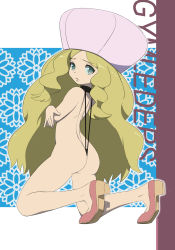 Rule 34 | 1girl, arched back, ass, black one-piece swimsuit, black slingshot swimsuit, blonde hair, caitlin (pokemon), commentary request, creatures (company), elite four, eyelashes, full body, game freak, grey eyes, hat, highres, kneeling, long hair, looking at viewer, looking back, makoto daikichi, nintendo, one-piece swimsuit, outline, parted bangs, pink footwear, pink hat, pokemon, pokemon bw, raised eyebrows, shoes, sidelocks, slingshot swimsuit, solo, swimsuit, tiptoes