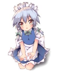 Rule 34 | 1girl, apron, blue skirt, blue vest, bow, bowtie, braid, breasts, cycloneyukari, frilled skirt, frills, green bow, green bowtie, hair between eyes, hair ribbon, hands on lap, head tilt, izayoi sakuya, looking at viewer, maid headdress, parted lips, puffy short sleeves, puffy sleeves, red eyes, ribbon, seiza, shirt, short hair, short sleeves, silver hair, simple background, sitting, skirt, small breasts, solo, touhou, tress ribbon, twin braids, vest, waist apron, white background, white shirt
