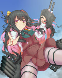 Rule 34 | 10s, 1girl, black hair, em s, fang, fang out, highres, kantai collection, long hair, multicolored hair, naganami (kancolle), pantyhose, pink hair, school uniform, skirt, smile, solo, yellow eyes