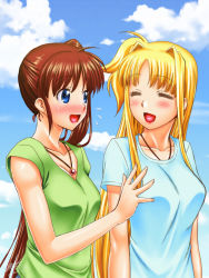 Rule 34 | 2girls, alternate costume, blonde hair, blue eyes, blue shirt, blue sky, breasts, cleavage, cloud, cloudy sky, collarbone, couple, day, embarrassed, closed eyes, fate testarossa, flustered, green shirt, happy, highres, kakitsubata tsukune, long hair, looking at another, lyrical nanoha, mahou shoujo lyrical nanoha, mahou shoujo lyrical nanoha strikers, multiple girls, neck, open mouth, orange hair, ponytail, raising heart, shirt, side ponytail, signature, sky, smile, takamachi nanoha, very long hair, watermark, wife and wife, yuri