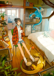 1girl ball bed bedroom blue_scales bone book bookshelf branch breasts brown_hair cabinet chair coffee_mug commentary computer cup curtains day denim denim_shorts file_cabinet food green_scarf hair_bun highres holding holding_cup indoors kitchen laptop large_breasts medium_hair mug on_chair original plaid_clothes plaid_shirt plant plate potted_plant refrigerator scarf shirt short_shorts shorts single_hair_bun slippers small_dragon socks solo sunlight teapot terrarium turtleneck white_shirt white_socks window wooden_floor yellow_footwear yellow_scales yoshida_seiji